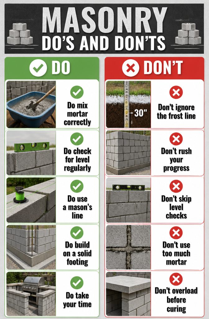 Cinder Block Grill Station: 8 Steps to Build an Outdoor Kitchen 11 Tools and cinder blocks arranged for constructing a grill station.
