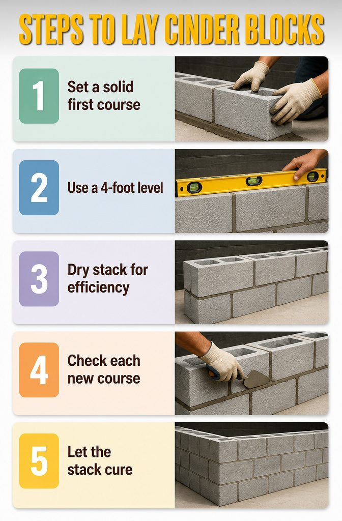 Cinder Block Grill Station: 8 Steps to Build an Outdoor Kitchen 3 Information image detailing how to lay cinder blocks accurately.