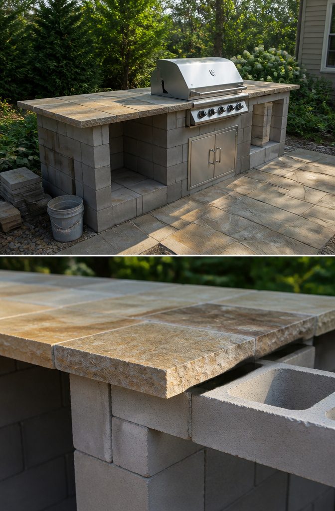 Cinder Block Grill Station: 8 Steps to Build an Outdoor Kitchen 7 Mold for pouring a concrete countertop atop cinder block columns.