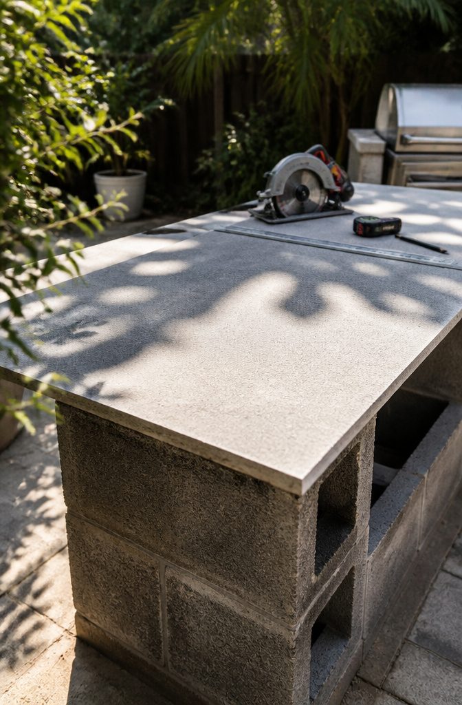Cinder Block Grill Station: 8 Steps to Build an Outdoor Kitchen 6 Hardie backer board resting on a cinder block structure.