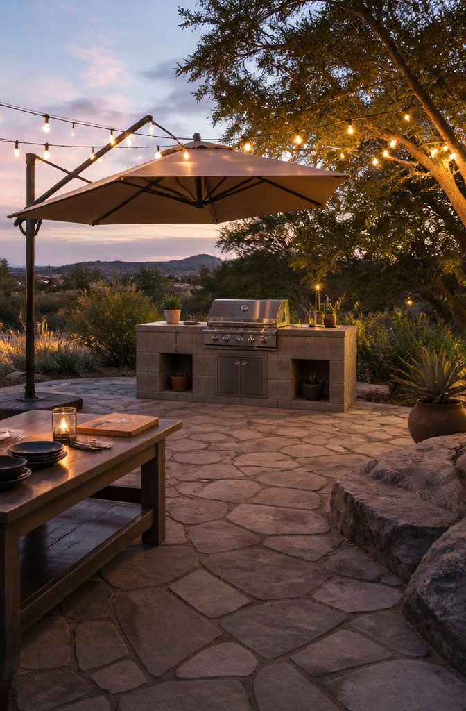 Cinder Block Grill Station: 8 Steps to Build an Outdoor Kitchen 12 Shade and lighting features designed for a cinder block grill station.