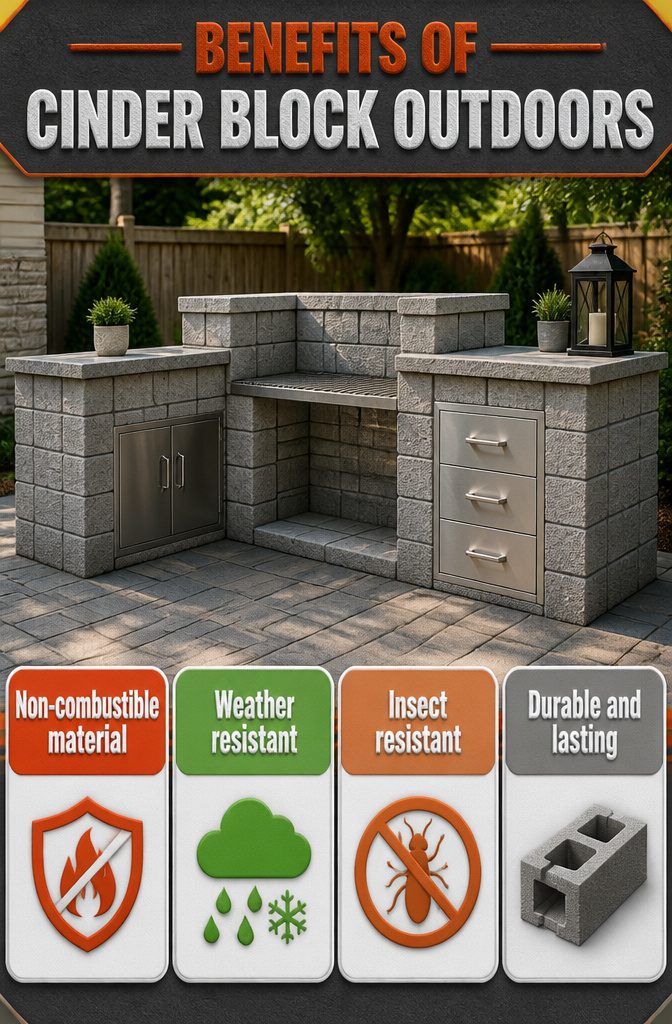 Cinder Block Grill Station: 8 Steps to Build an Outdoor Kitchen 9 Cinder blocks emphasizing their outdoor durability and non-combustible nature.