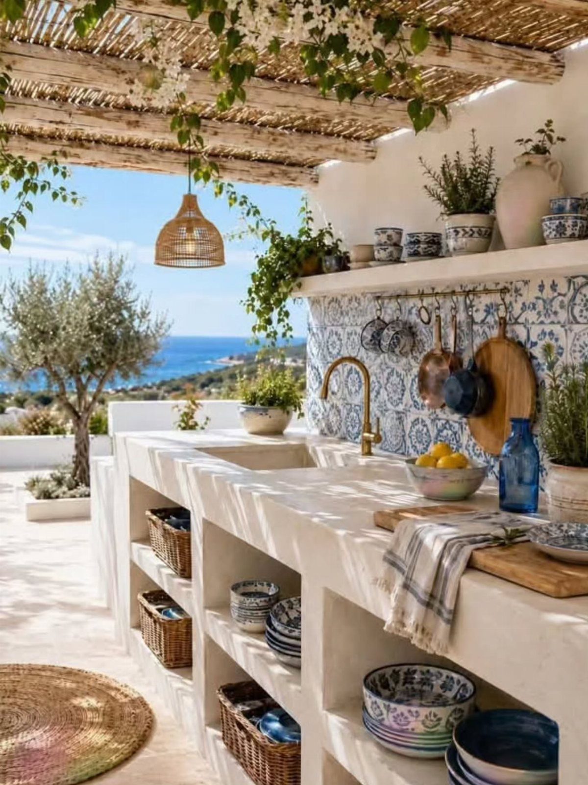 Coastal Outdoor Kitchen and 7 Ideas for Beachside Cooking Spaces 3 White stucco outdoor kitchen island with blue patterned backsplash overlooking the ocean under a wooden pergola.