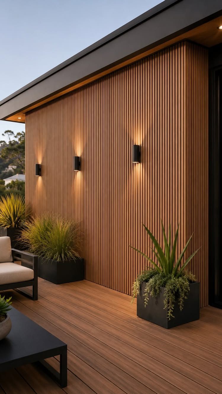 Composite Wood Deck 13 Ideas for Plans, Patterns and Colors 10 Modern outdoor patio with composite wood decking and matching vertical wood slat wall panels.