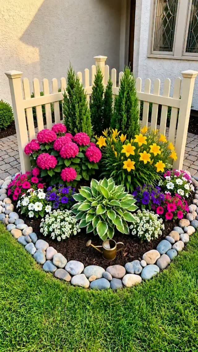 Vibrant pink hydrangeas, yellow lilies, and white flowers arranged in a stone-bordered garden bed.