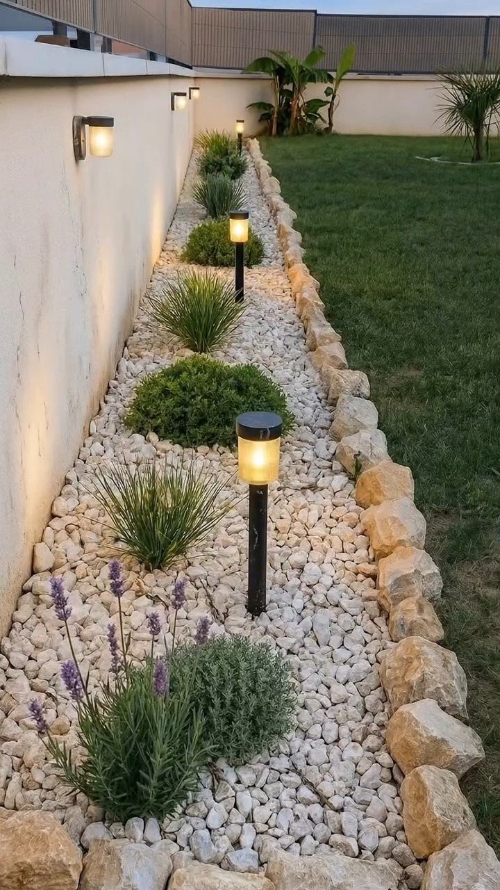 White gravel garden border with small shrubs, lavender, and solar lights along a white wall.