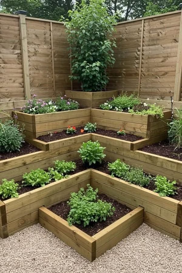 Tiered wooden raised garden beds filled with green plants in a corner garden setting.
