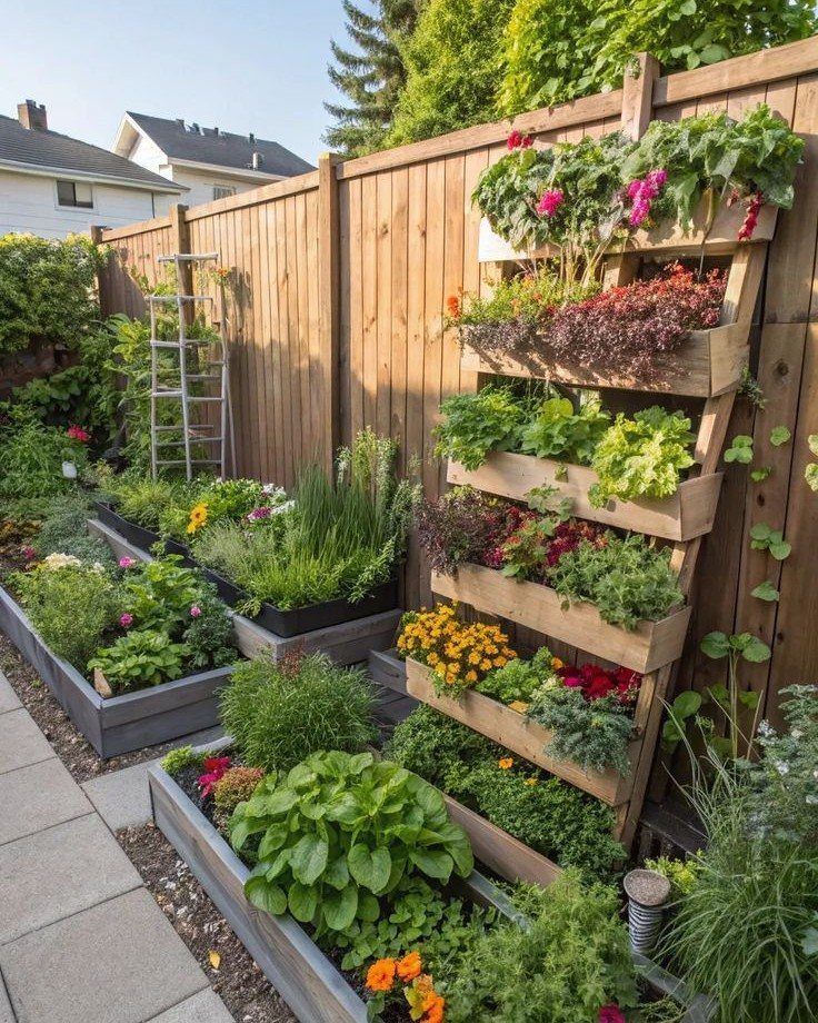 Vertical wooden planters and raised garden beds filled with various green plants and colorful flowers.
