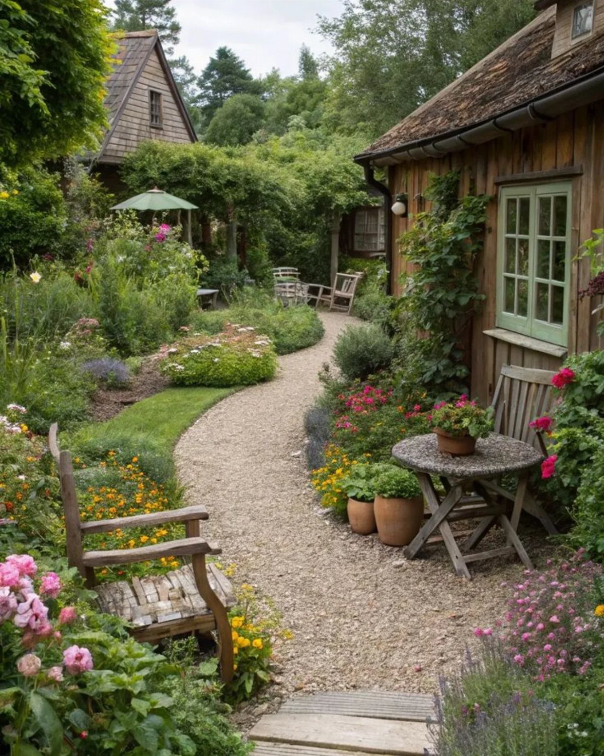 A winding pea gravel path curves through a lush cottage garden with flowers and wooden furniture.