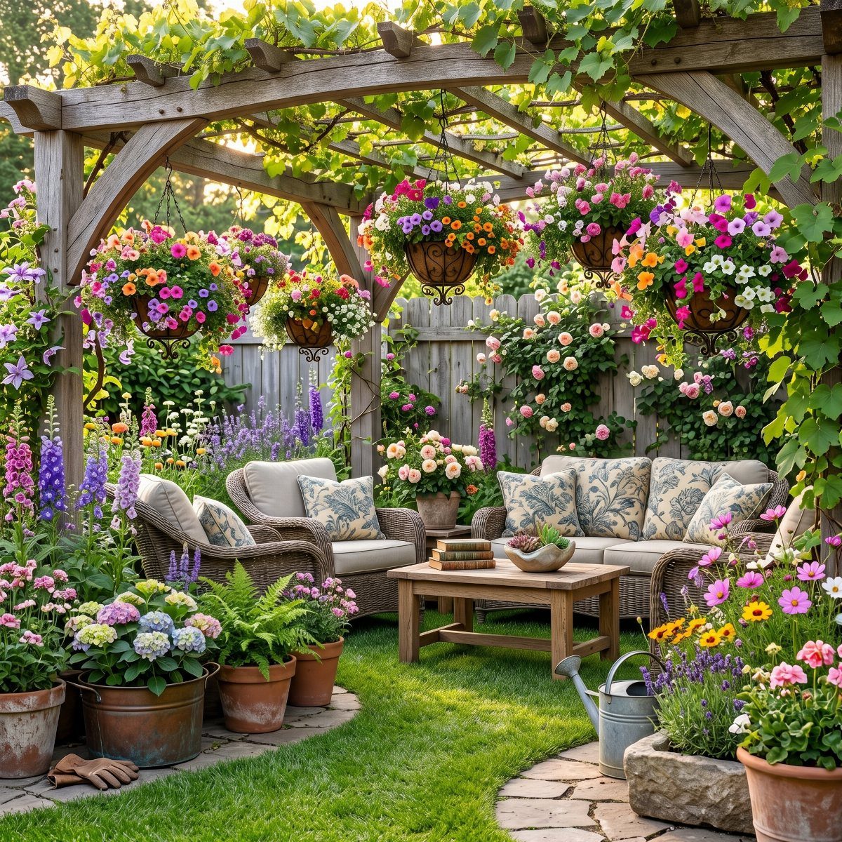 A wooden pergola decorated with hanging flower baskets and lush greenery surrounding a cozy patio seating area.