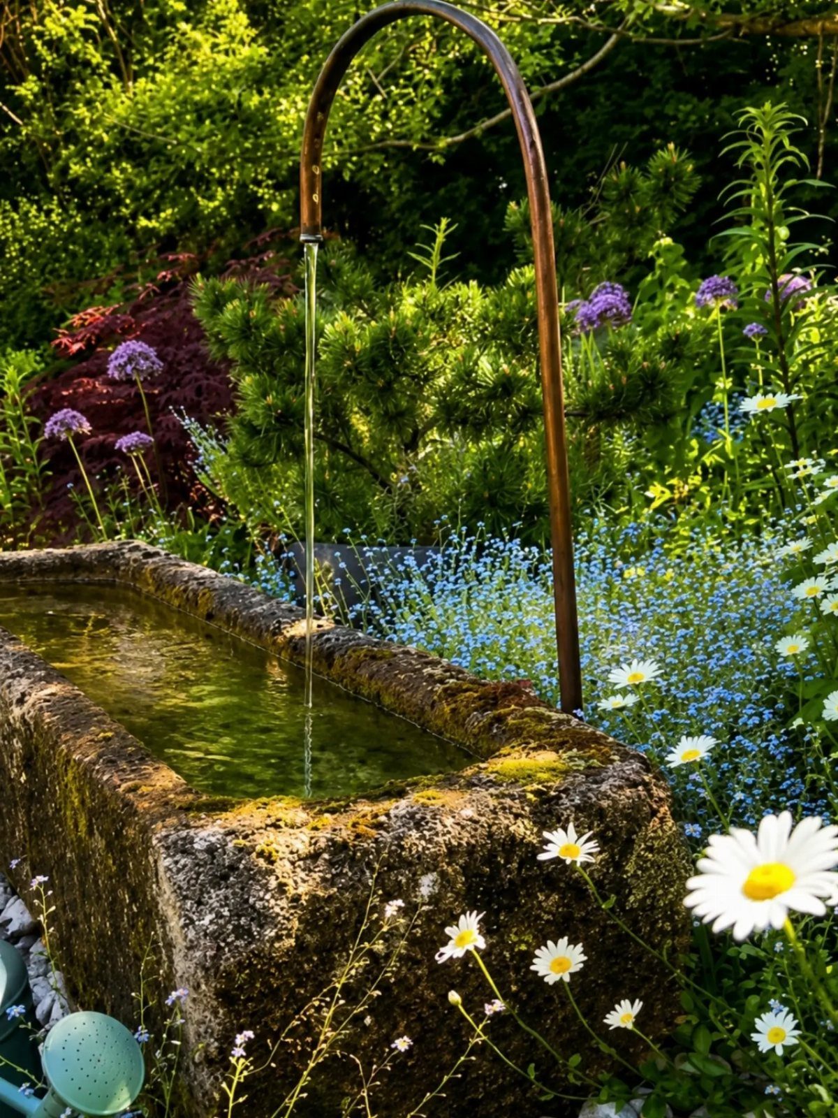 A stone water trough with a copper pipe pouring water into it amidst garden flowers.