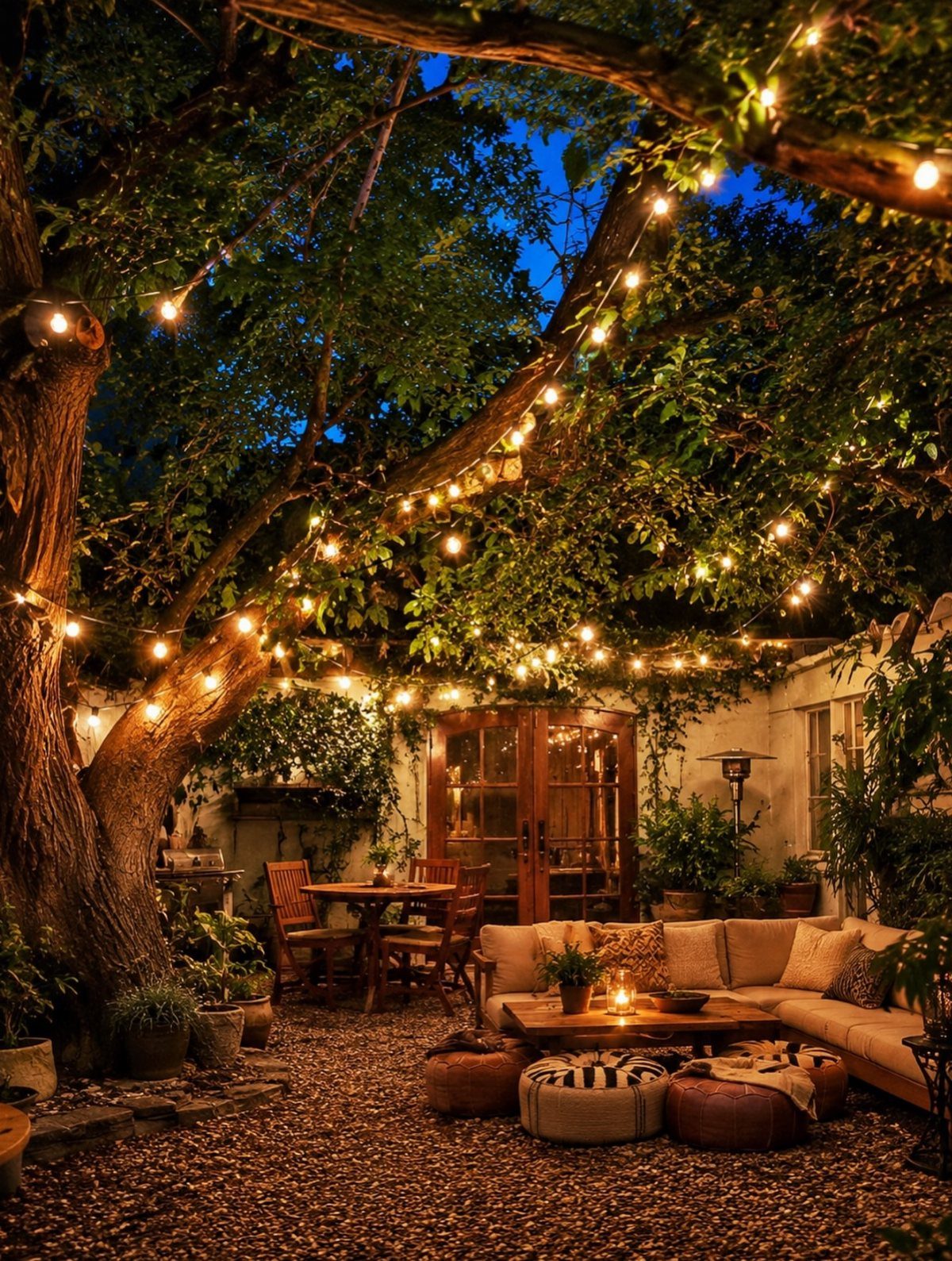 A cozy patio at night with string lights hanging from a large tree over outdoor seating.