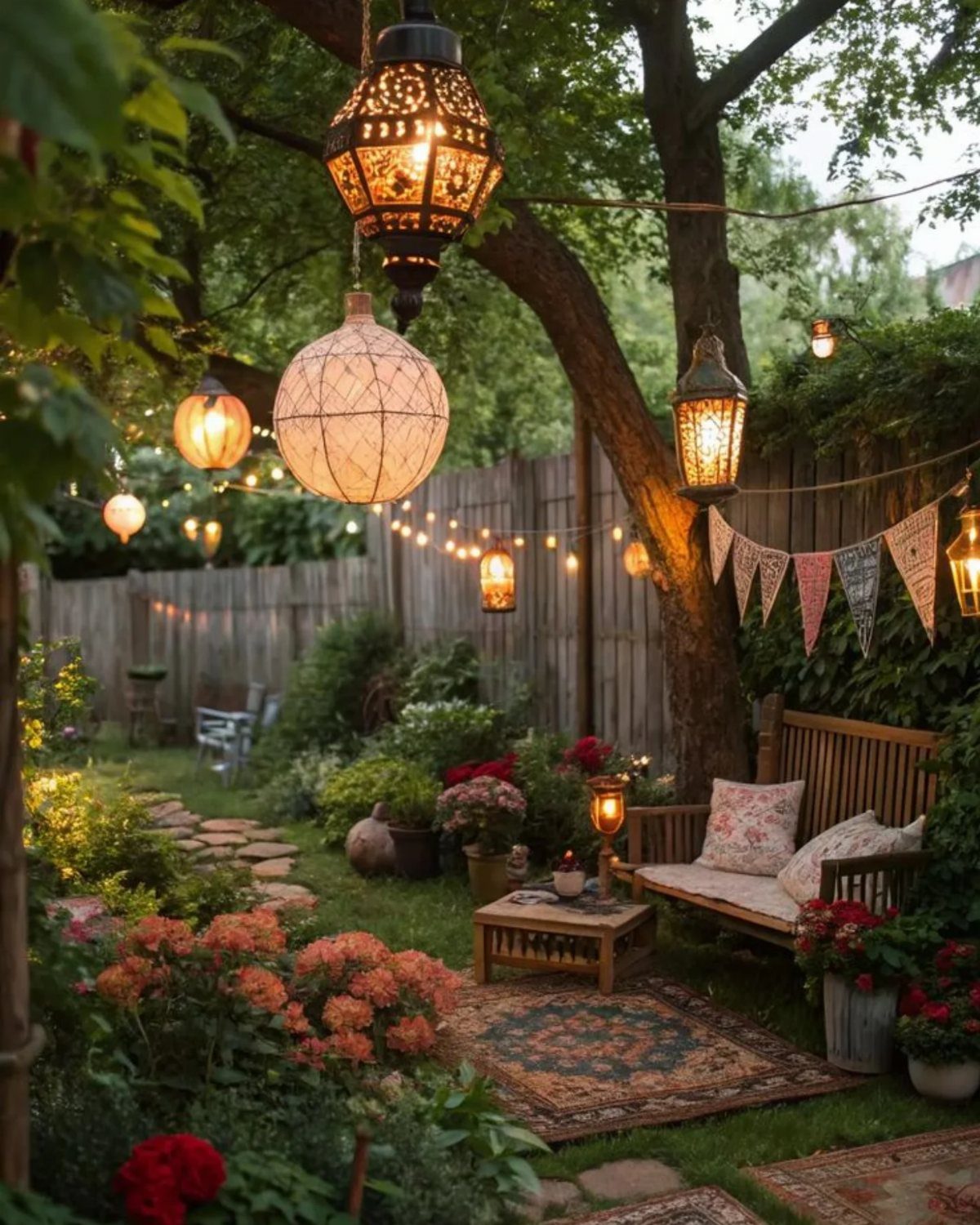 Hanging lanterns and string lights illuminate a cozy garden patio with a wooden bench and rug.