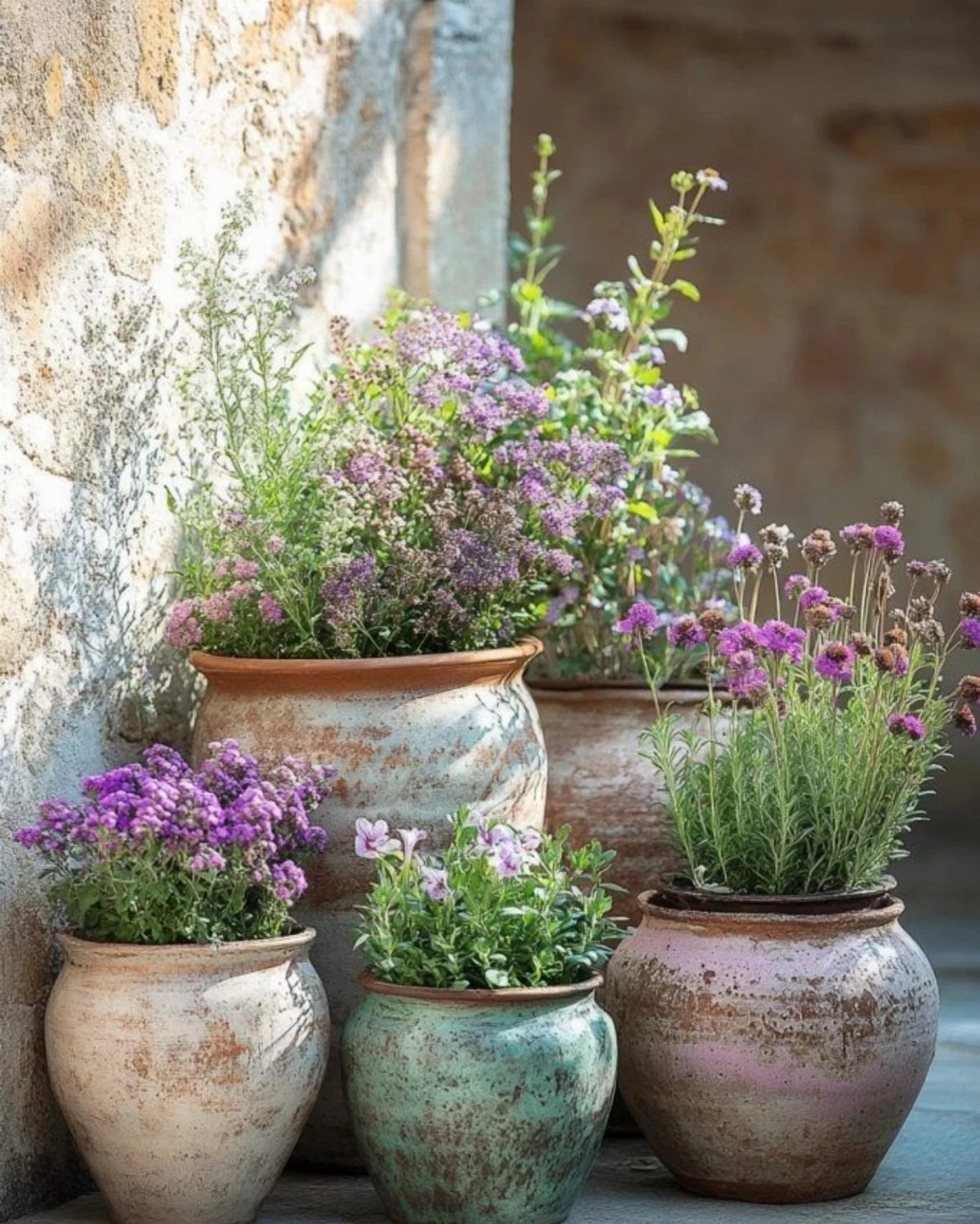 Various ceramic pots filled with blooming purple and pink flowers against a stone wall.