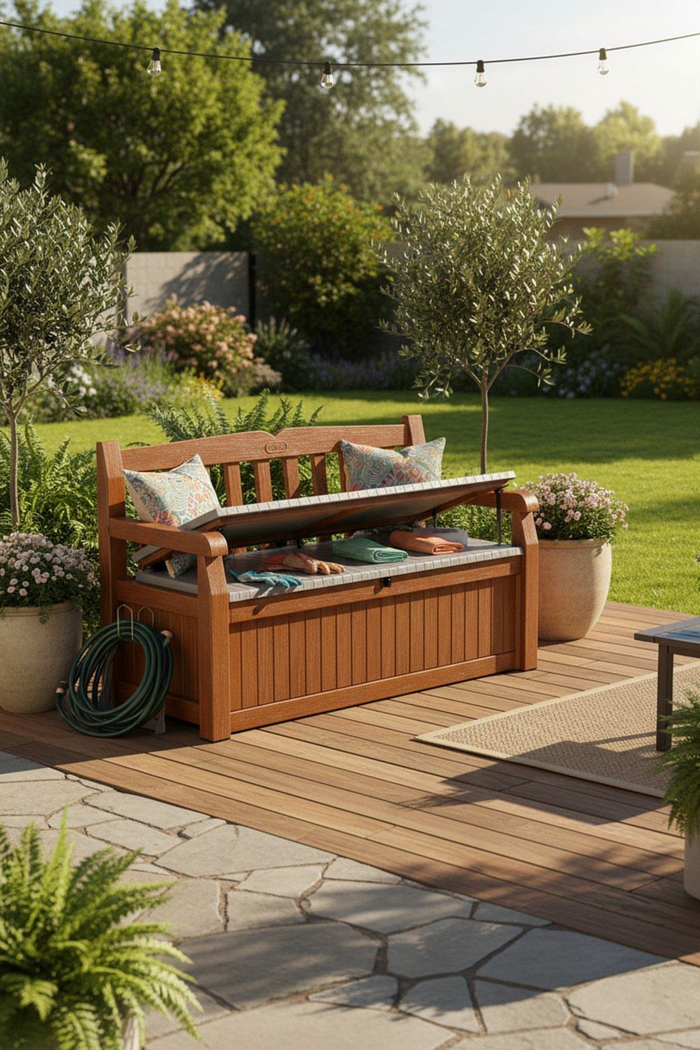 A wooden storage bench with an open lid revealing pillows and blankets on a deck.