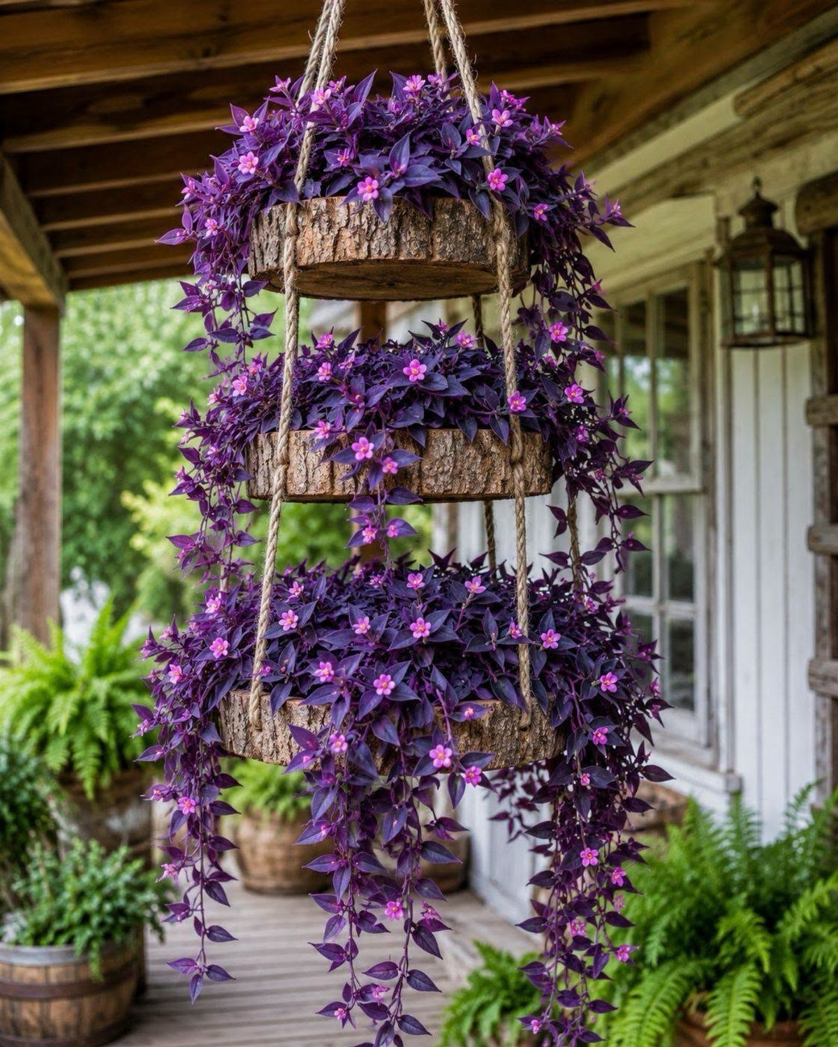 Three wooden hanging planters with cascading purple plants suspended by ropes on a porch.