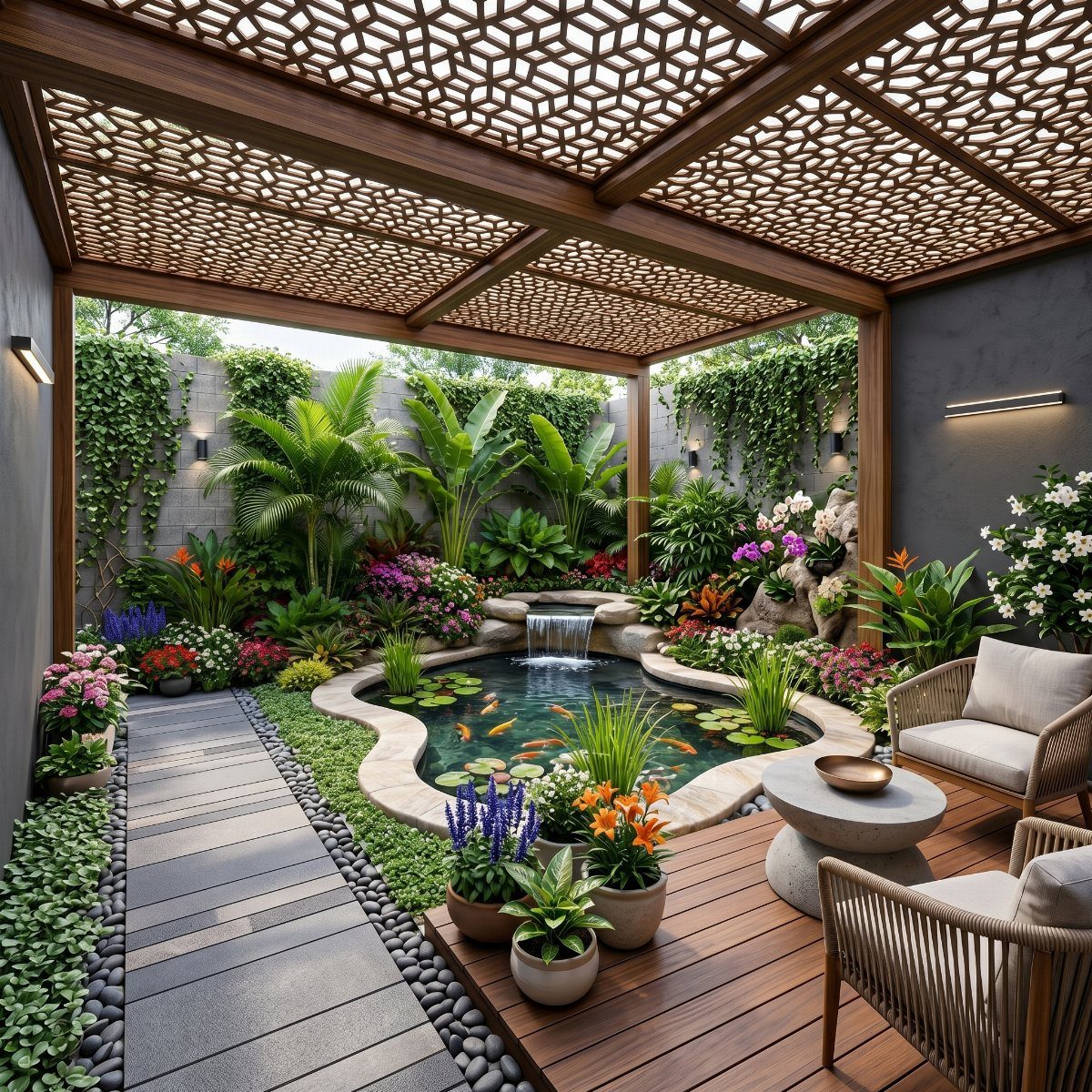 Wooden pergola with geometric lattice shading over a tropical garden and lounge seating area.