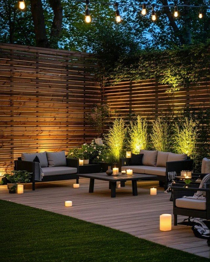 Outdoor lounge furniture on a wooden deck with glowing candles and string lights at night.