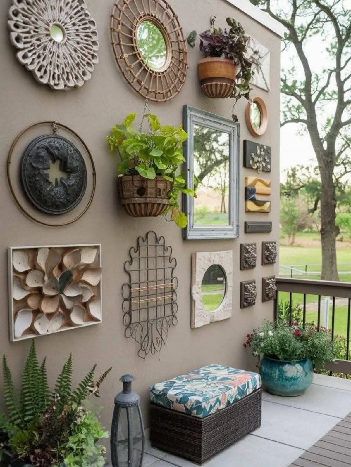 Various decorative mirrors and metal wall art pieces arranged on a beige exterior wall.