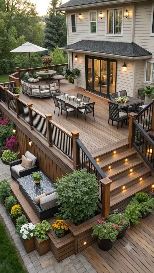 A large multi-level wooden deck with outdoor dining furniture and integrated lighting attached to a house.