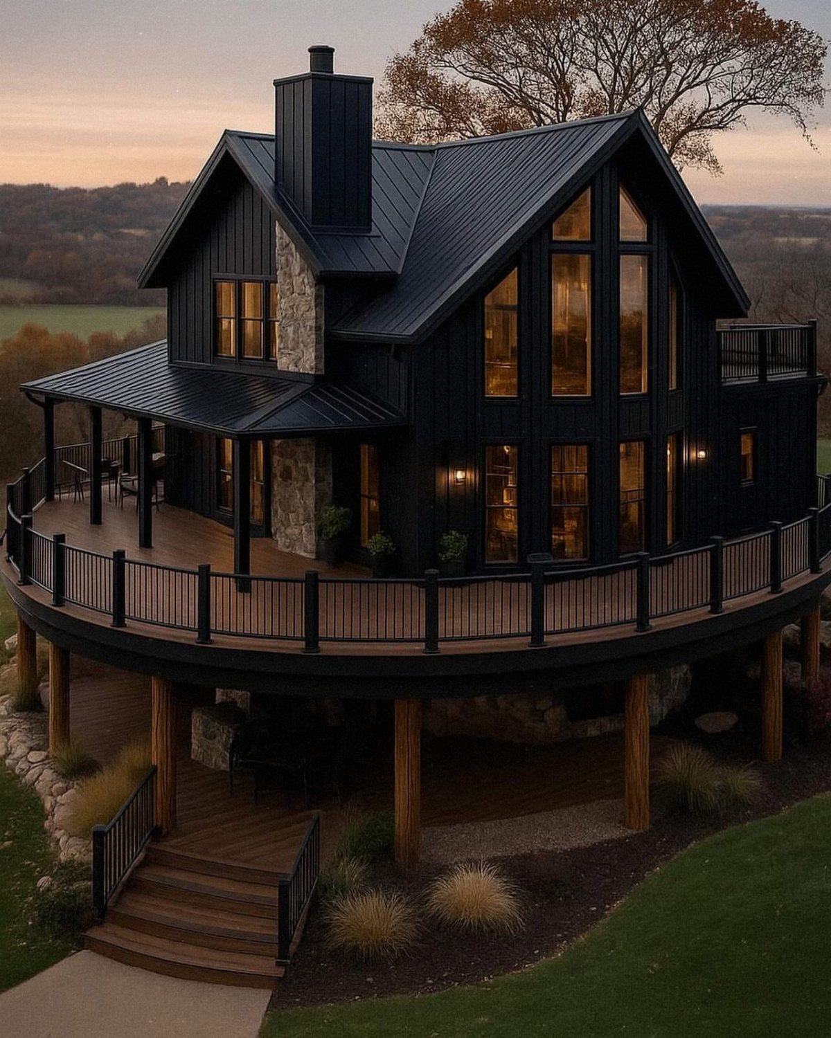 A dark modern house featuring a large wooden wrap-around deck with black railings at dusk.