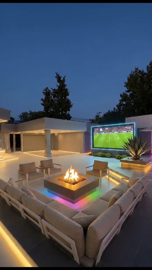 A modern outdoor courtyard featuring a glowing square fire pit surrounded by light-colored sectional seating.