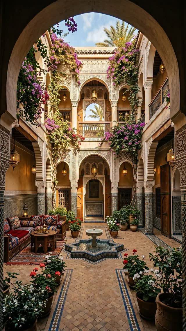 An ornate Moroccan courtyard with arched architecture, climbing flowers, and intricate geometric tile patterns on the floor.