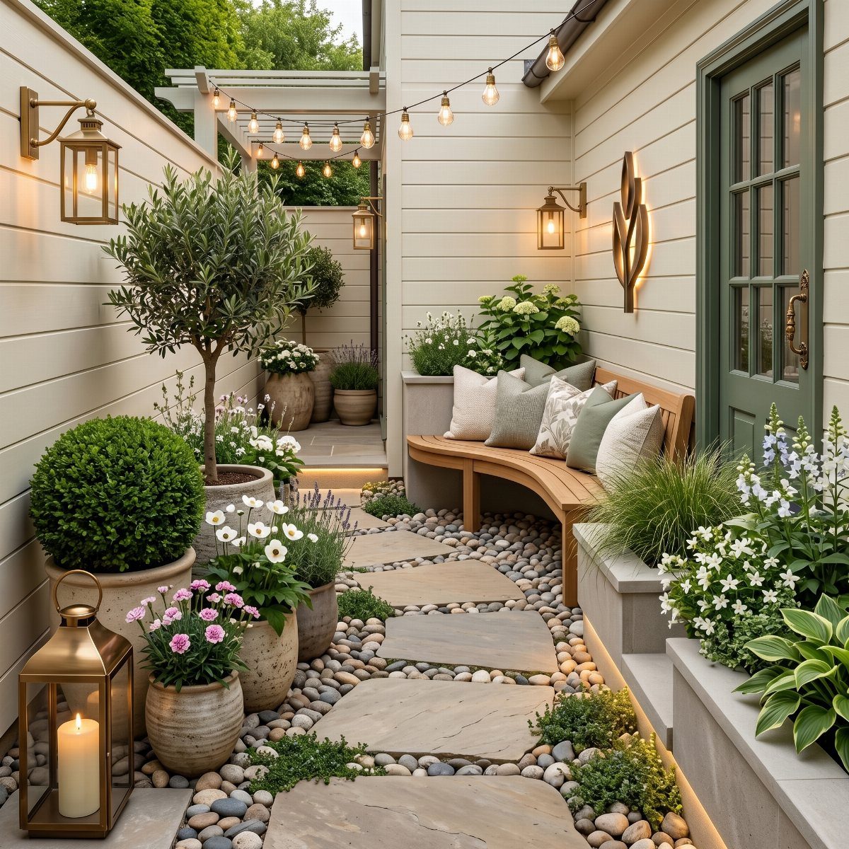 A narrow courtyard with stone pavers, potted greenery, a wooden bench, and warm string lights overhead.