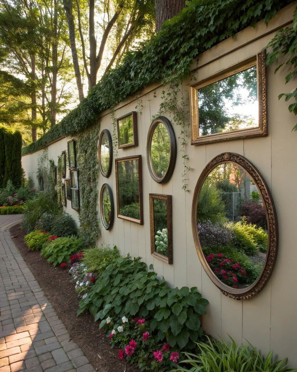 Ornate mirrors of various shapes mounted on a light wall surrounded by climbing green vines and flowers.