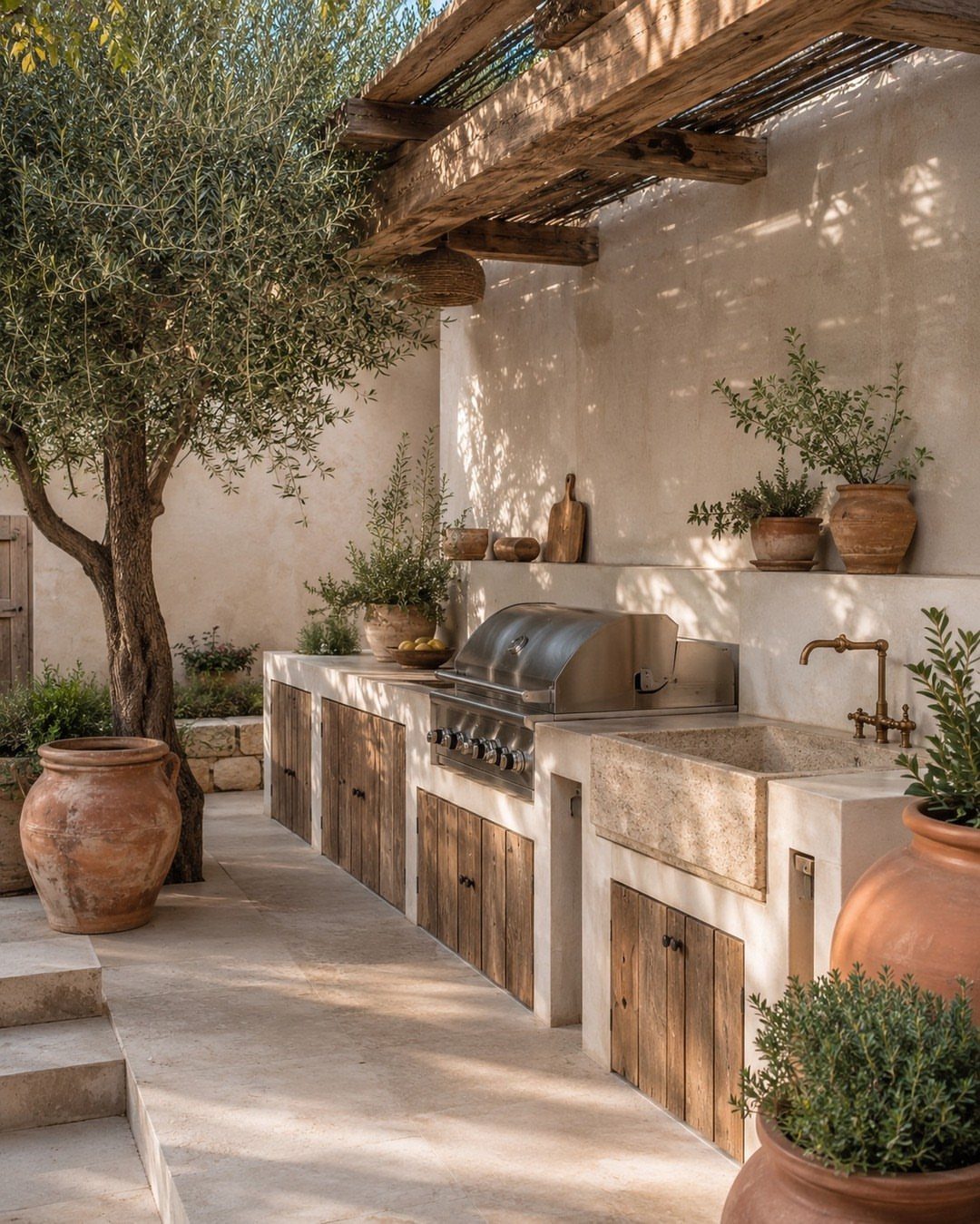 Rustic outdoor kitchen with stone counters, wooden cabinets, and olive trees in a Mediterranean courtyard.
