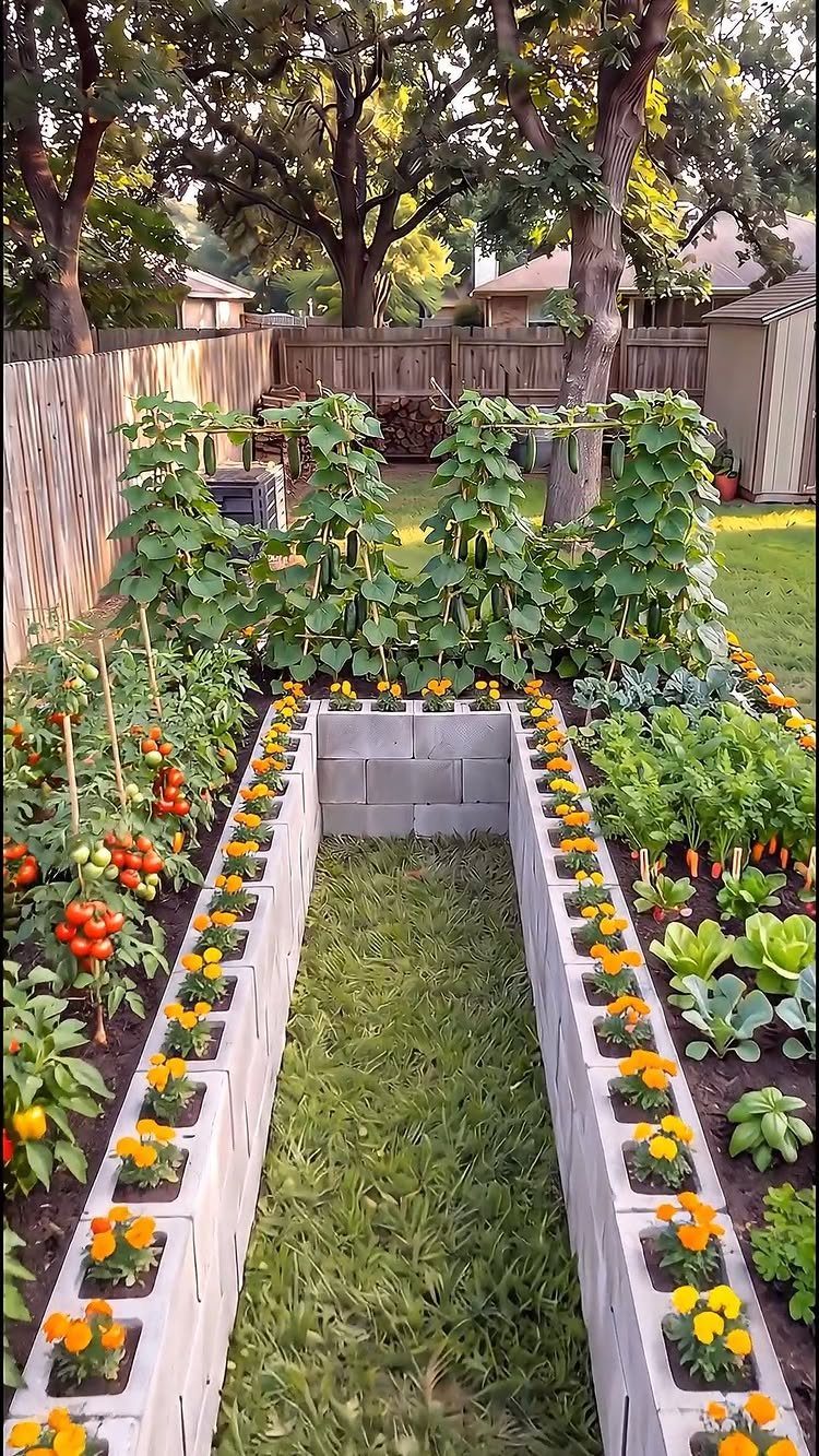 8 DIY Garden Projects for Fairy Gardens, Raised Beds and Outdoor Play 6 A cinder block raised garden bed filled with tomatoes, leafy greens, and bright orange marigolds.