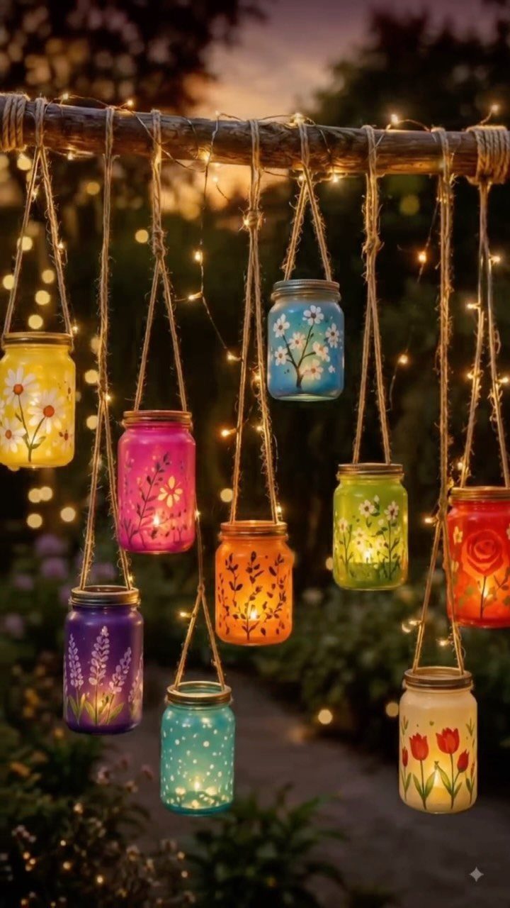 8 DIY Garden Projects for Fairy Gardens, Raised Beds and Outdoor Play 8 Painted mason jars with floral designs hanging from a branch, glowing with internal lights in a garden.