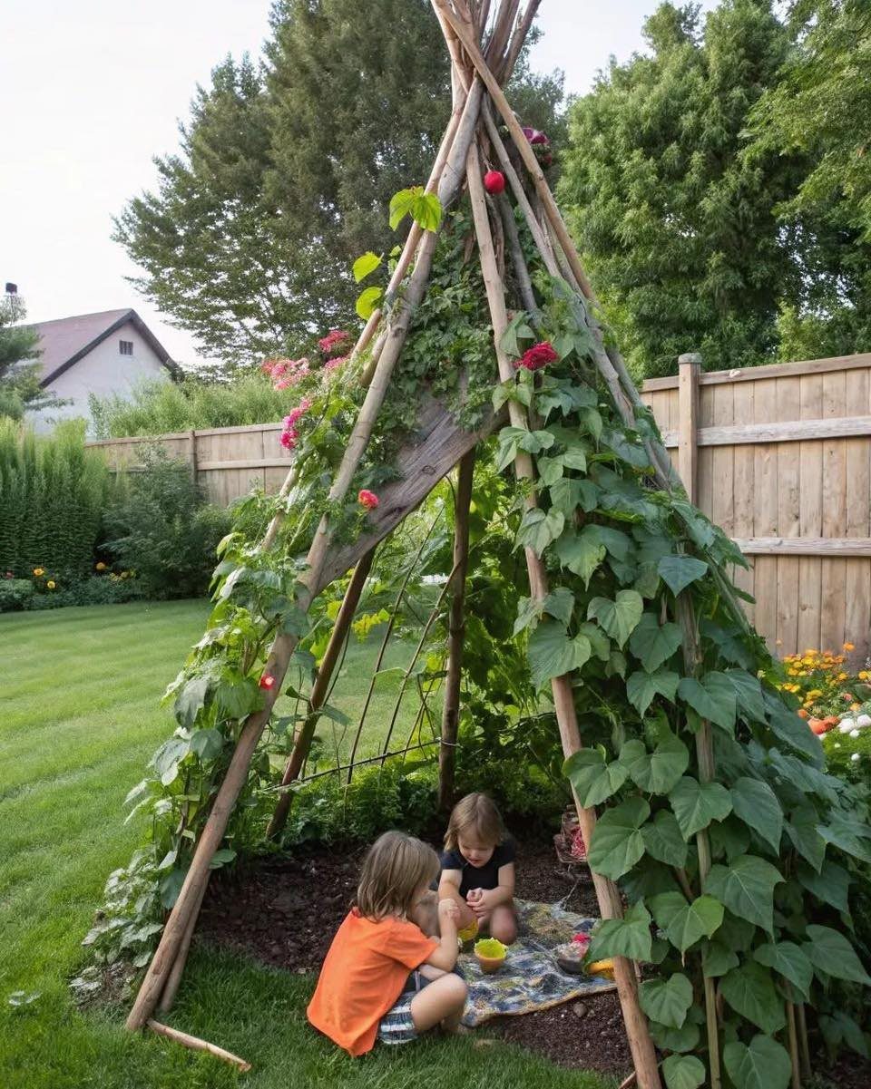 8 DIY Garden Projects for Fairy Gardens, Raised Beds and Outdoor Play 7 Two children playing inside a large garden teepee made of wooden poles and climbing vines.