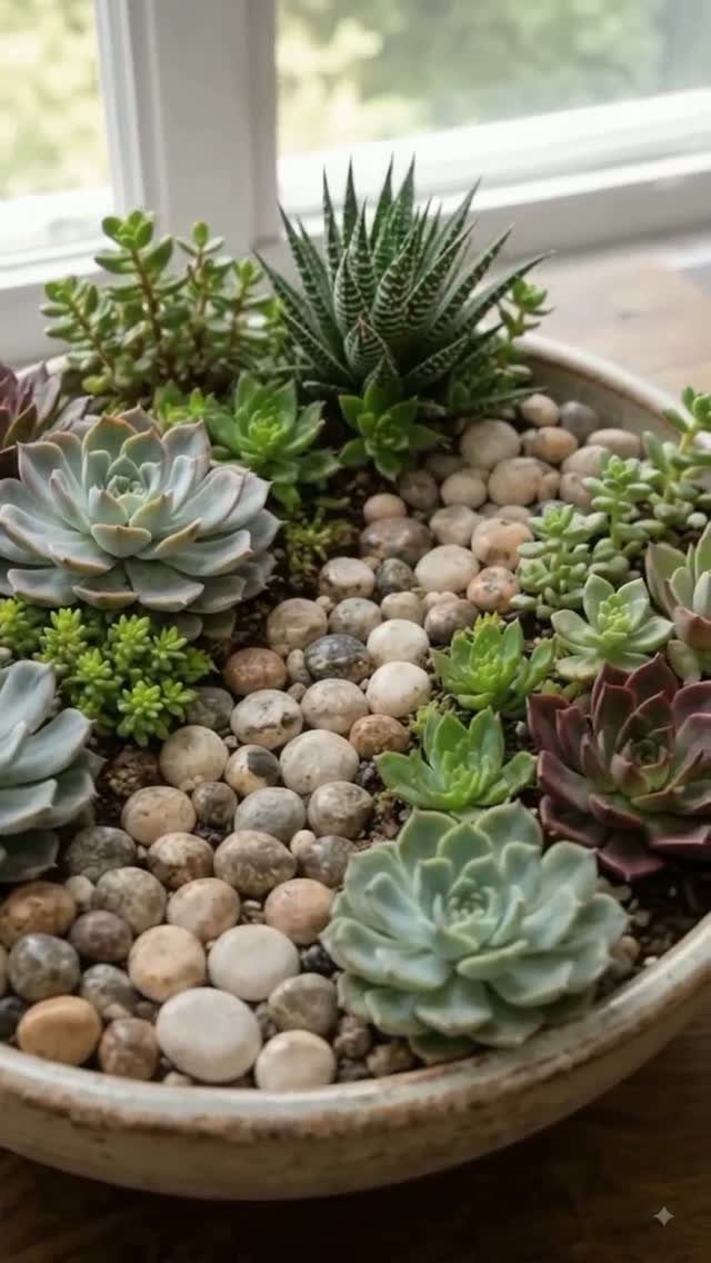 8 DIY Garden Projects for Fairy Gardens, Raised Beds and Outdoor Play 4 Various succulents and smooth river stones arranged inside a shallow ceramic bowl near a window.