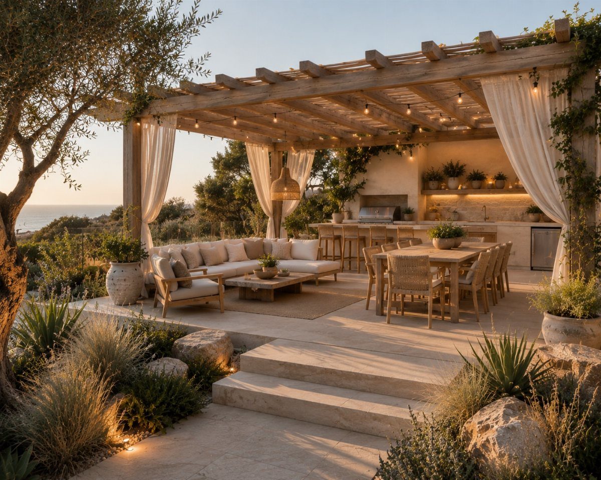 Wooden pergola with white curtains covering an outdoor dining area and kitchen at sunset.