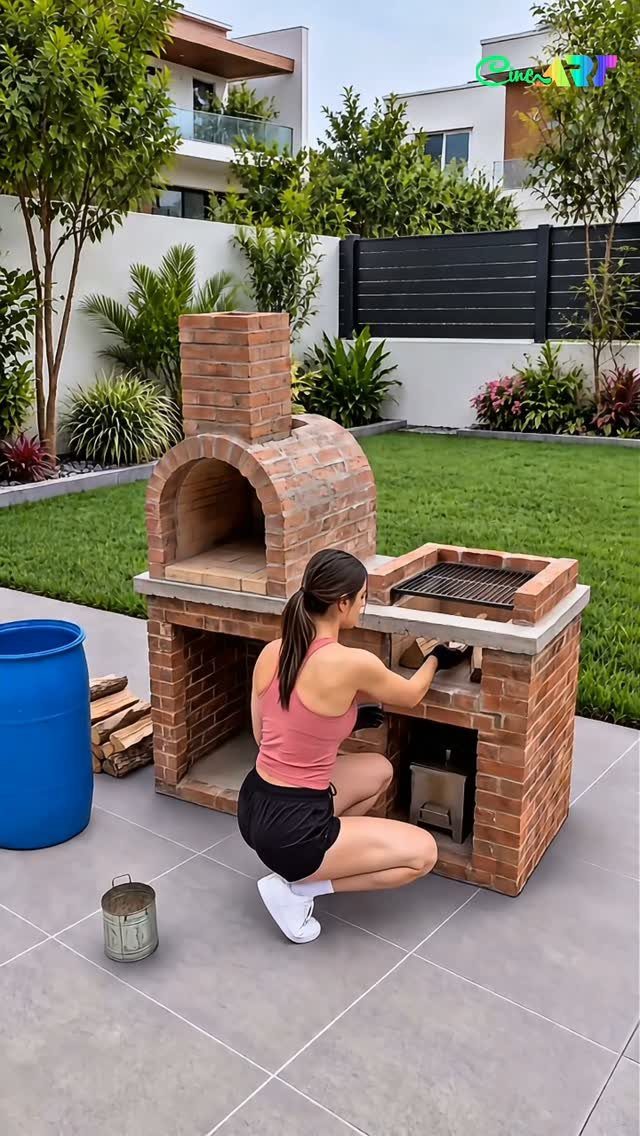 A woman kneels next to a brick outdoor kitchen featuring a domed pizza oven and grill.