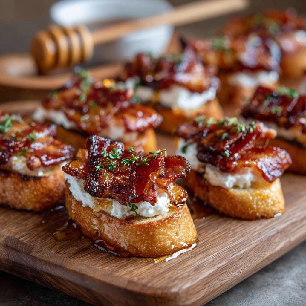 32 Easy Christmas Party Ideas for Food, Drinks, and Hosting in 2026 31 Toasted bread slices topped with cream cheese, crispy bacon, and herbs on a wooden serving board.