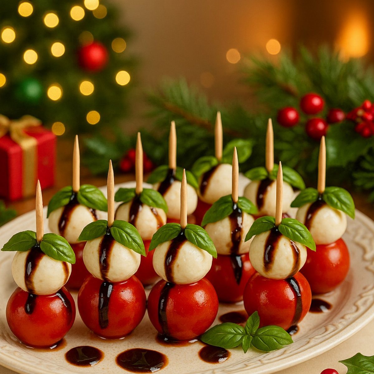 32 Easy Christmas Party Ideas for Food, Drinks, and Hosting in 2026 27 Cherry tomato and mozzarella skewers with basil and balsamic glaze on a white plate.