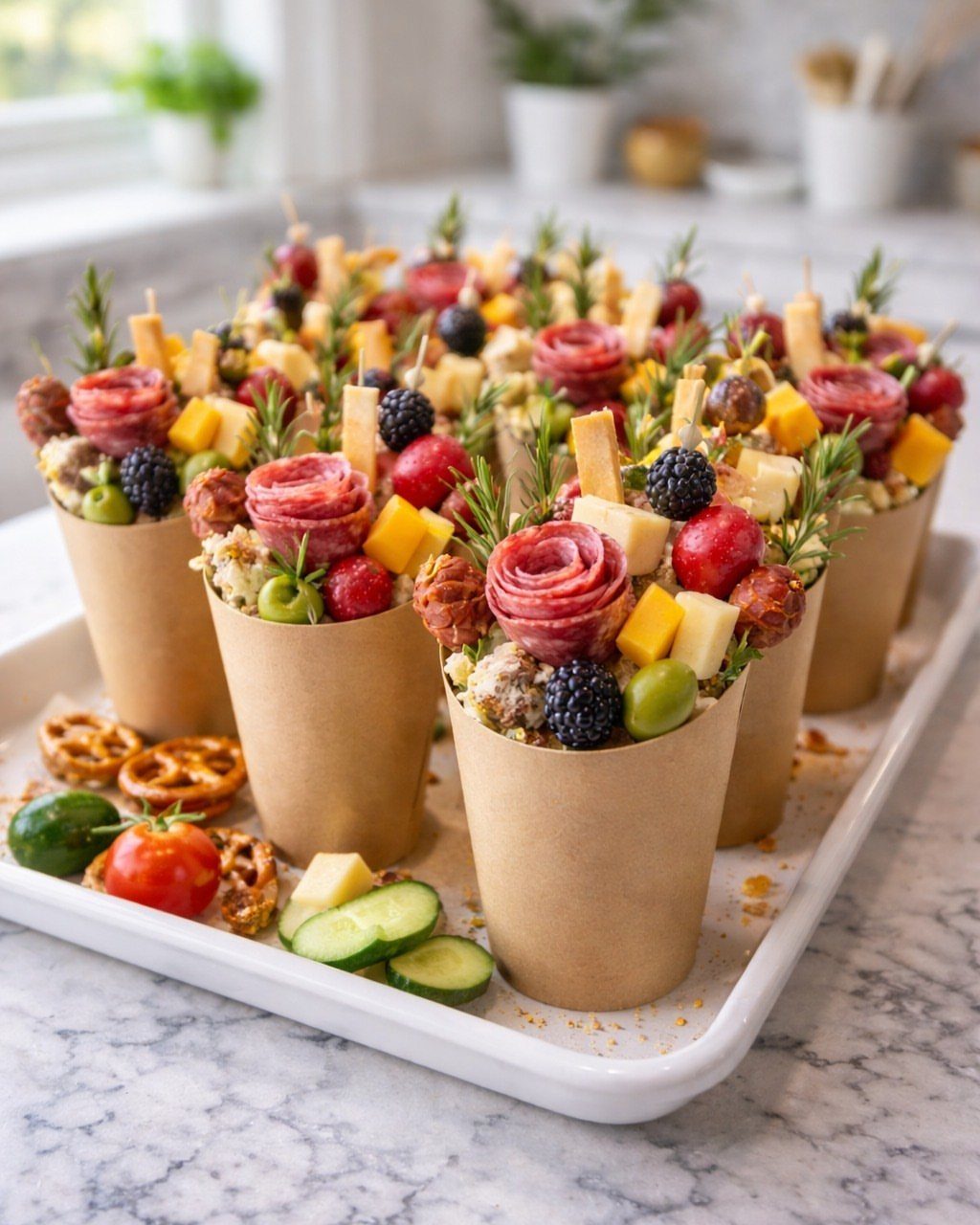 32 Easy Christmas Party Ideas for Food, Drinks, and Hosting in 2026 22 Individual charcuterie cups filled with meat, cheese, berries, and olives on a white tray.