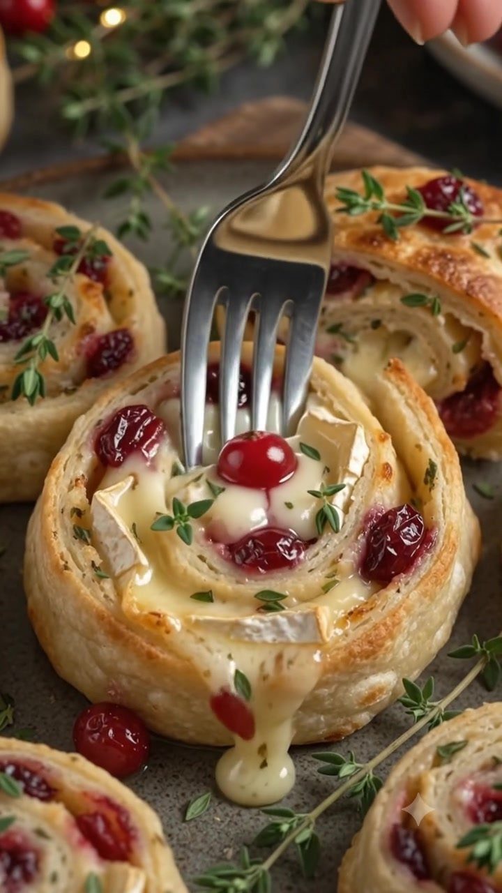 32 Easy Christmas Party Ideas for Food, Drinks, and Hosting in 2026 1 Golden puff pastry swirls filled with melted brie cheese and red cranberries garnished with fresh thyme.