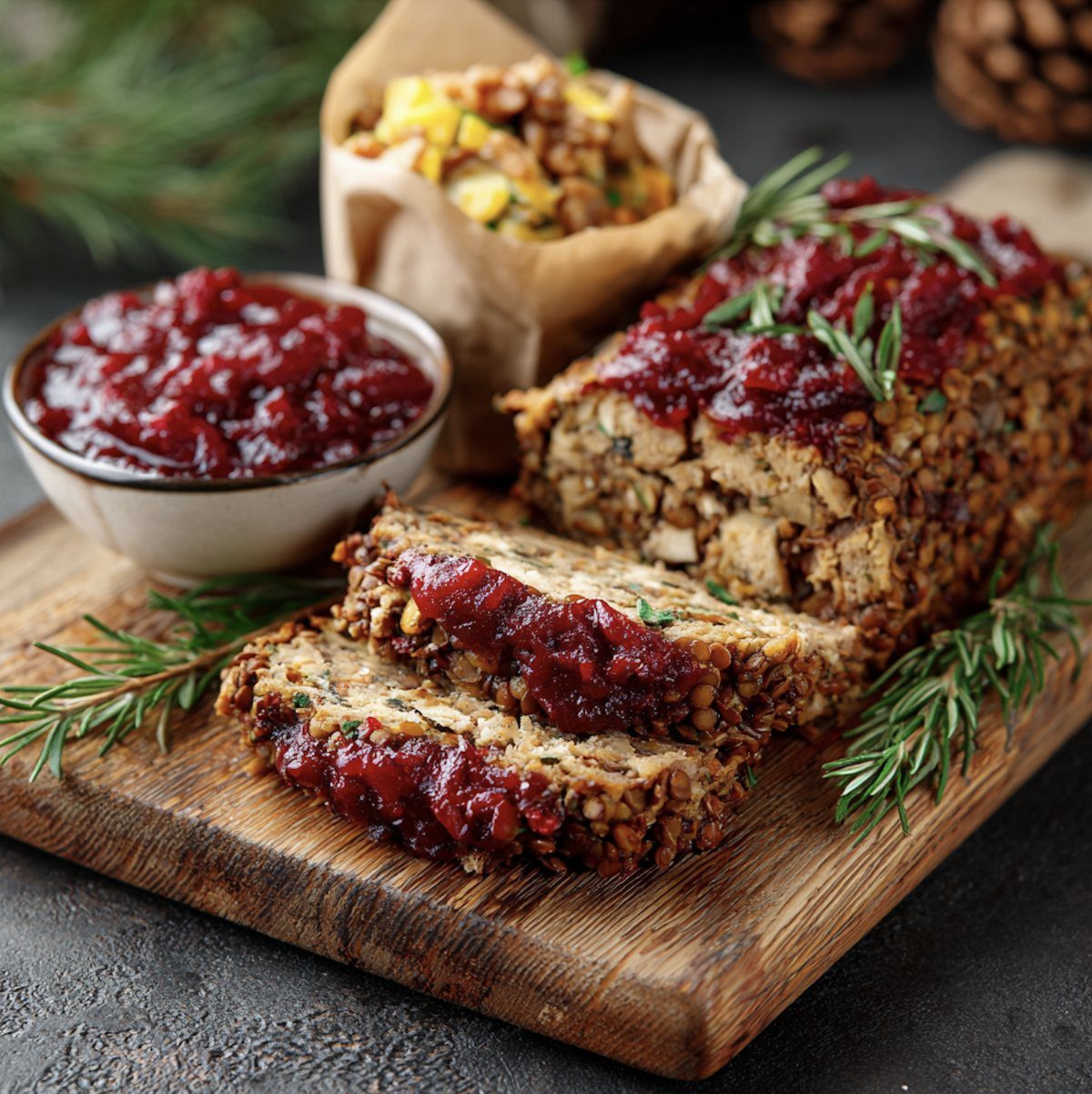 32 Easy Christmas Party Ideas for Food, Drinks, and Hosting in 2026 25 Sliced lentil loaf with cranberry glaze and rosemary on a wooden serving board.