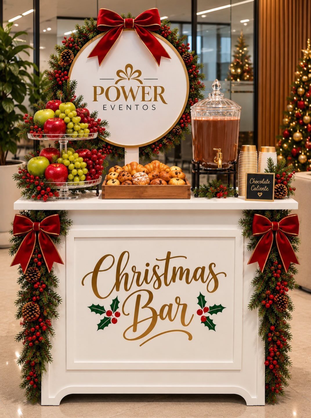 32 Easy Christmas Party Ideas for Food, Drinks, and Hosting in 2026 26 A white Christmas bar decorated with red bows, greenery, fruit, and a cocoa beverage dispenser.