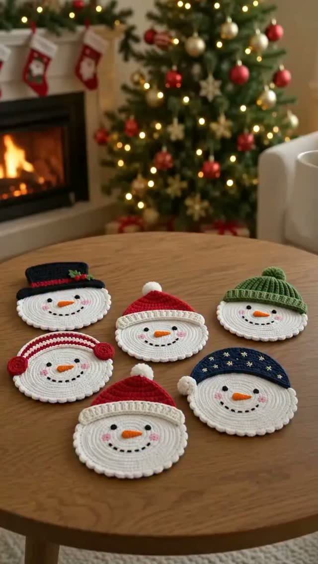17 Easy DIY Christmas Gifts: Handmade Presents for Every List 10 Six crocheted snowman face coasters arranged on a wooden table in front of a Christmas tree.