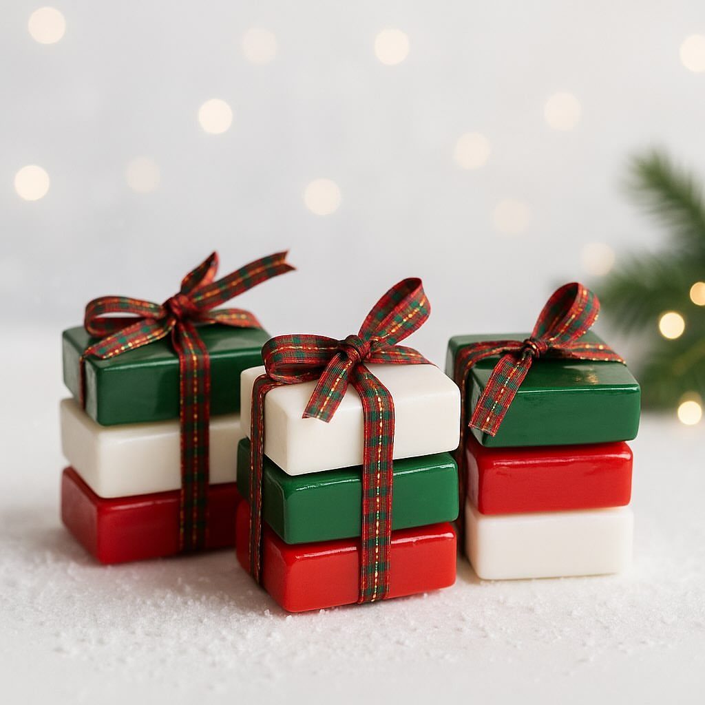 17 Easy DIY Christmas Gifts: Handmade Presents for Every List 1 Three stacks of red, white, and green soap bars tied with festive plaid ribbons.