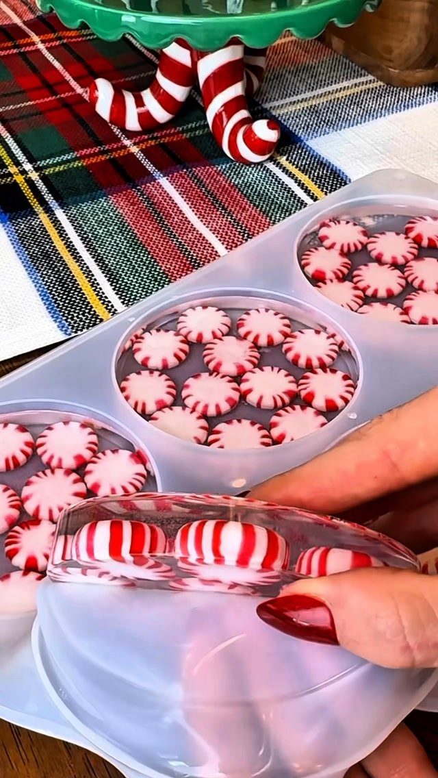 A hand holding a clear peppermint-patterned coaster next to a silicone mold.