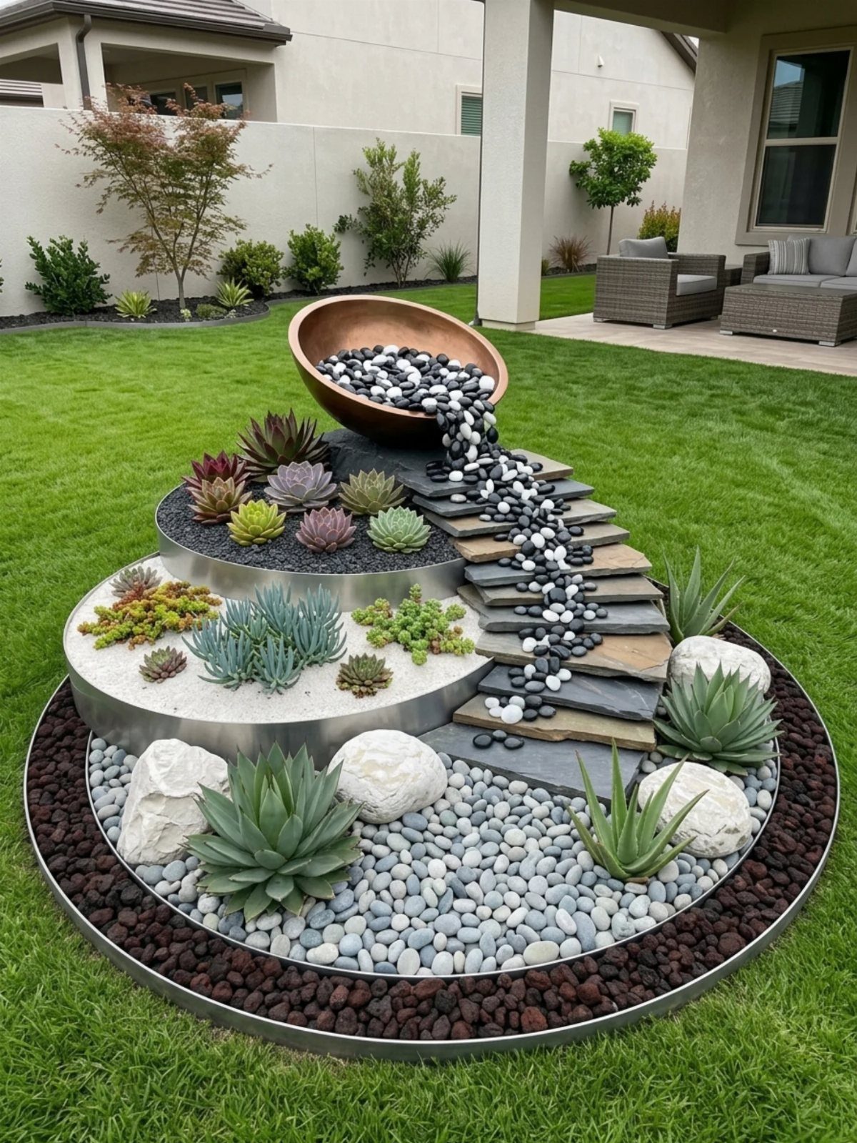 7 Easy Landscaping Ideas for a Cleaner, Lower-Maintenance Yard 3 A tiered circular garden bed featuring succulents, decorative stones, and a copper bowl spilling pebbles.