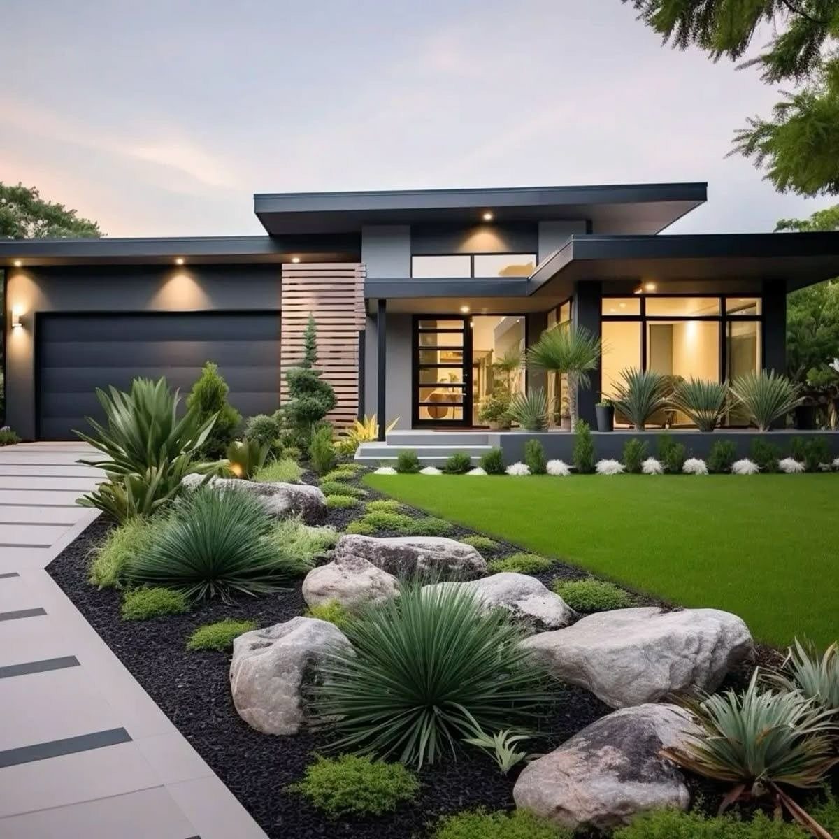 Modern house with a low maintenance landscape featuring rocks, succulents, and a green lawn.