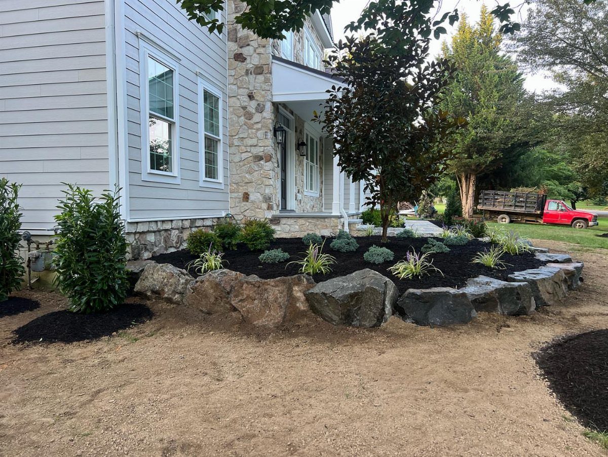 Landscaped garden bed with dark mulch, green plants, and large rock borders in front of a house.