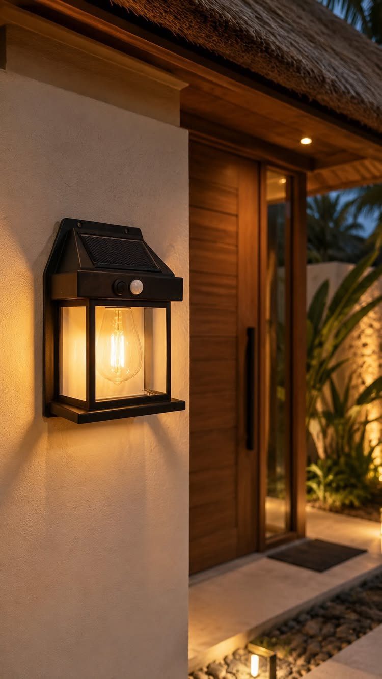 A black solar lantern glowing warmly on a light-colored wall next to a wooden door.