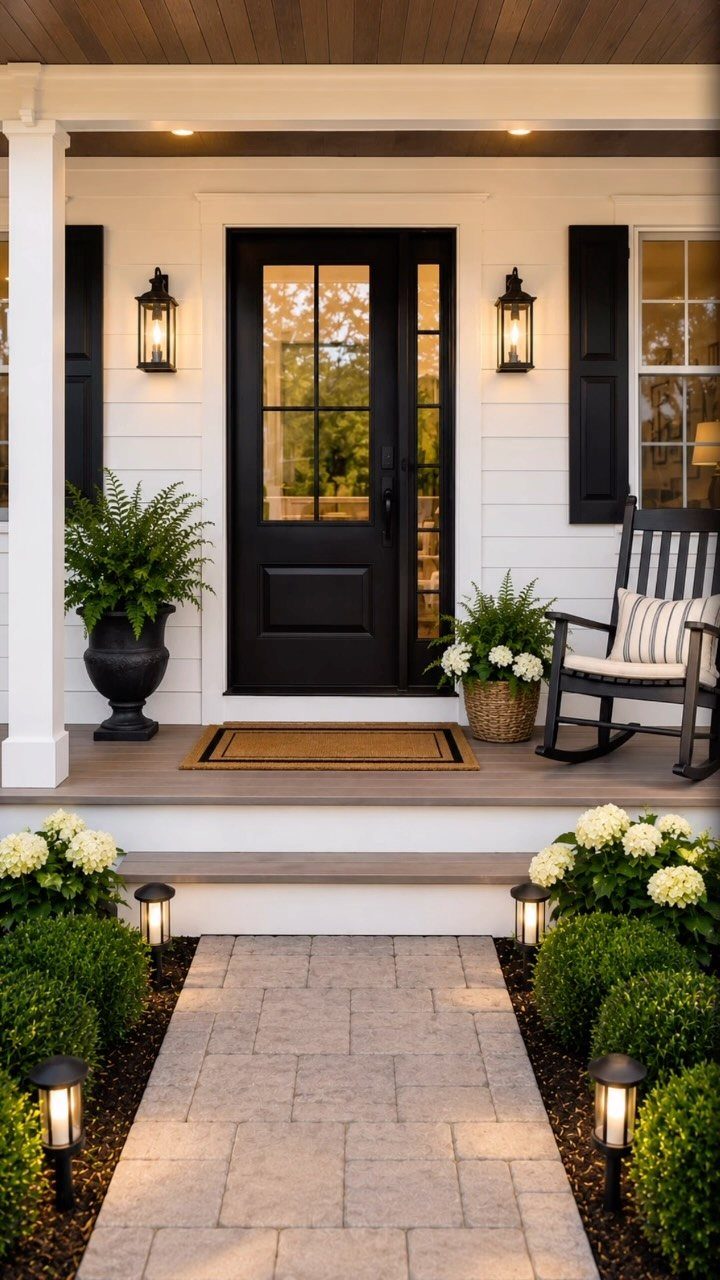 Stone walkway leading to a white porch lined with green shrubs and white hydrangeas.